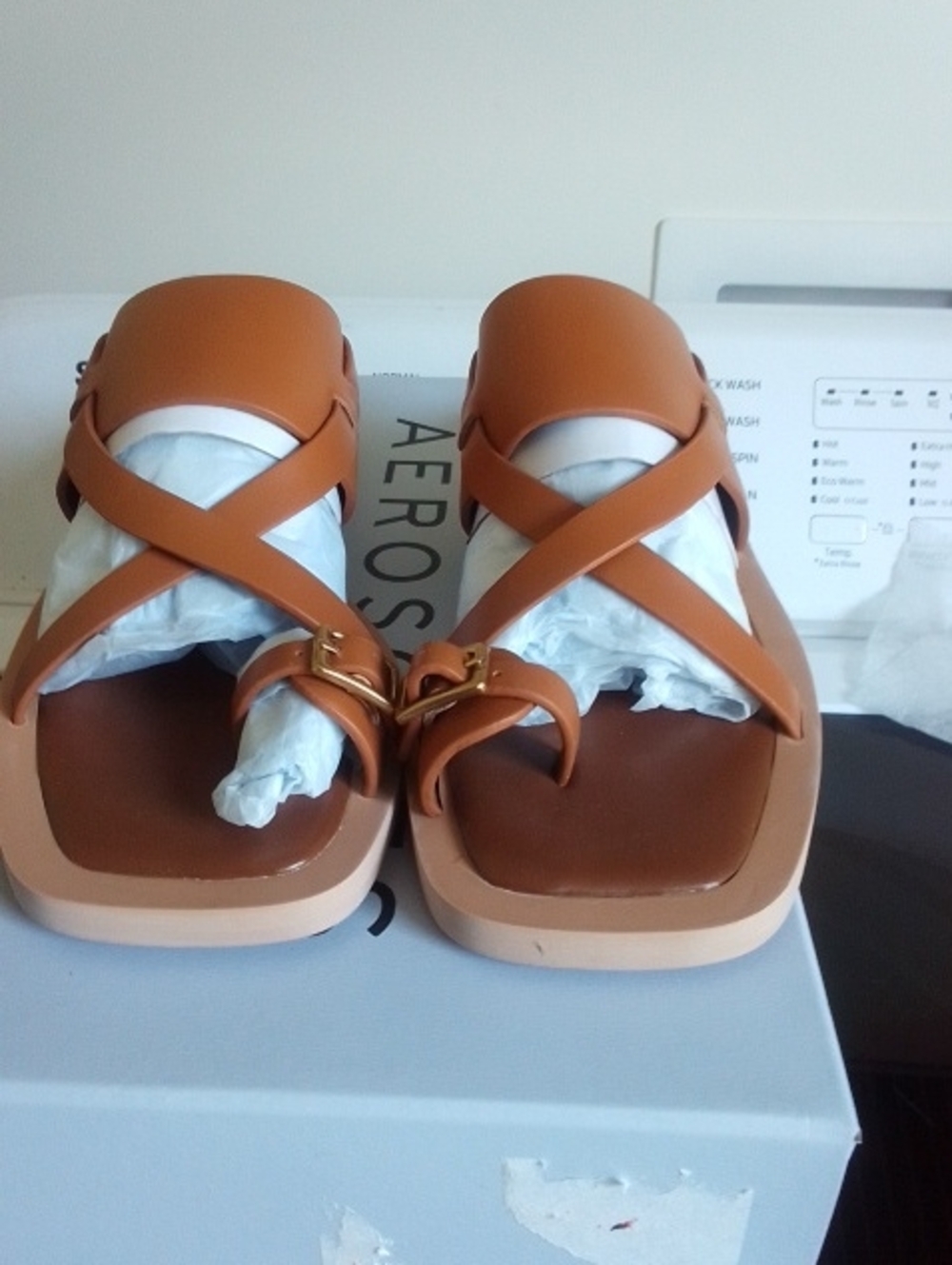 AEROSOLES Tan Leather Slide Sandals with Gold Accent